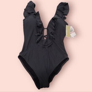 NWT Michael Kors Womens 10 Ruffle One Piece Swimsuit Gunmetal Gray Low Back Tie
